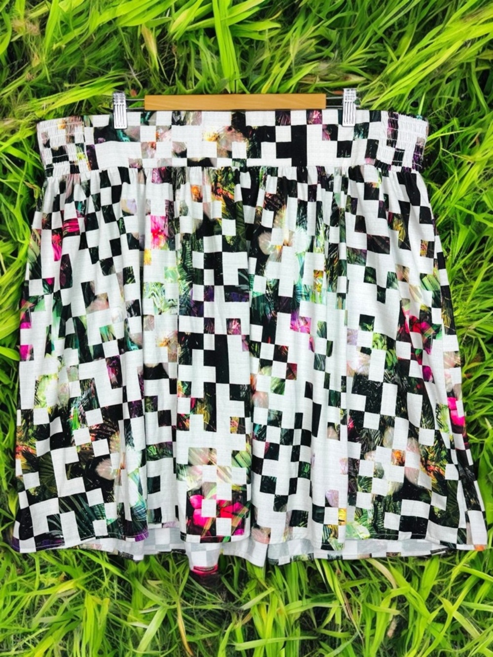 Lane Bryant Checkered Cubic Floral Tropical Print Smocked Pull On Skater Skirt